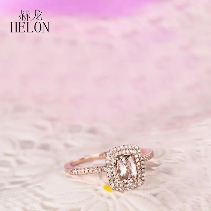 HELON Solid 10K Rose Gold Flawless Cushion 0.7ct Natural Morganite Halo Diamond Engagement Wedding Ring Women Fine Jewelry Ring