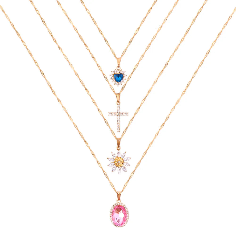 Flatfoosie New Multi-layer Pink Heart Crystal Pendant Necklace For Women Boho Butterfly Rhinestone Tennis Chain Necklace Jewelry