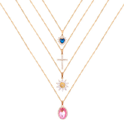 Flatfoosie New Multi-layer Pink Heart Crystal Pendant Necklace For Women Boho Butterfly Rhinestone Tennis Chain Necklace Jewelry