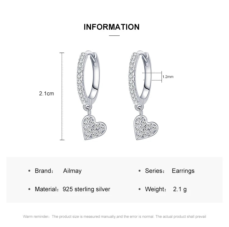 Ailmay 2021 New Arrival 925 Sterling Silver Heart Drop Earrings with Charm for Women Wedding Engagement Statement Luxury Jewelry