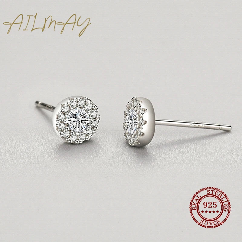 Ailmay Genuine 925 Sterling Silver Sun Flower Dazzling Cubic Zirconia Earrings For Women Classic Wedding Statement Jewelry