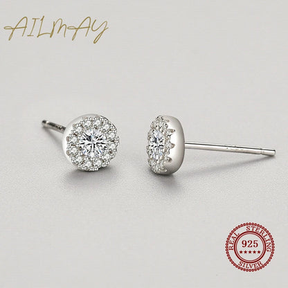 Ailmay Genuine 925 Sterling Silver Sun Flower Dazzling Cubic Zirconia Earrings For Women Classic Wedding Statement Jewelry