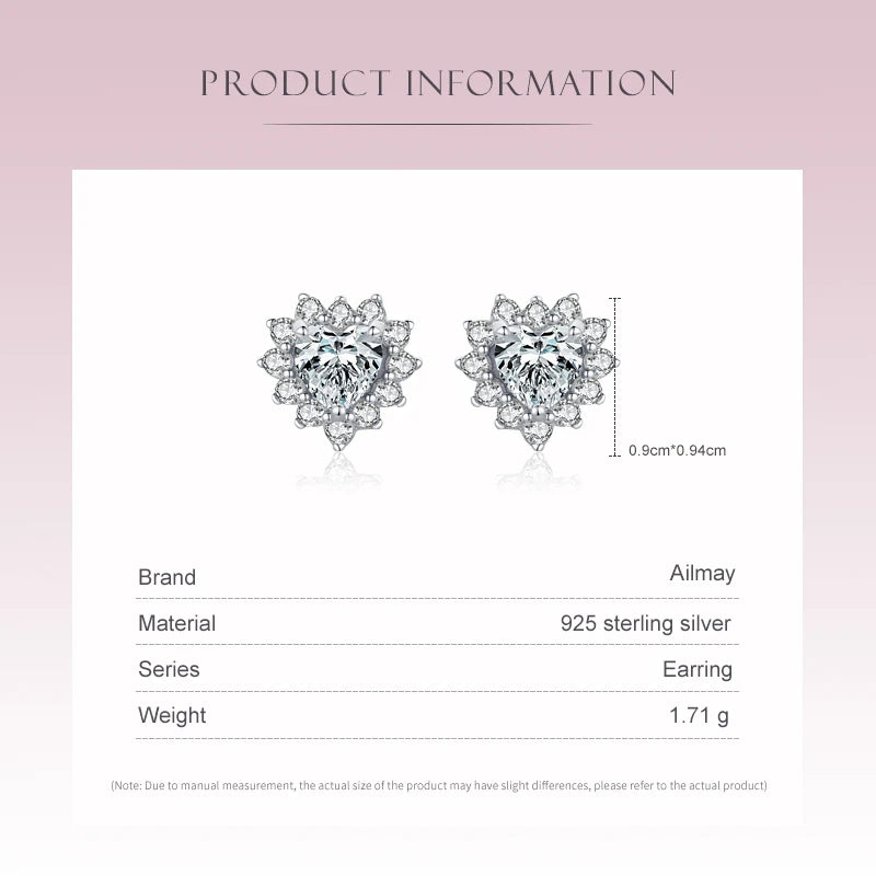 Ailmay Romantic Heart Clear Zircon Earrings Real 925 Sterling Silver For Women Classic Luxury Wedding Accessories Jewelry GIFT