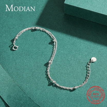 Modian Silver Double Layer Beads Link Chain 100% 925 Sterling Silver Trendy Simple Female Bracelet For Women Wedding Jewelry