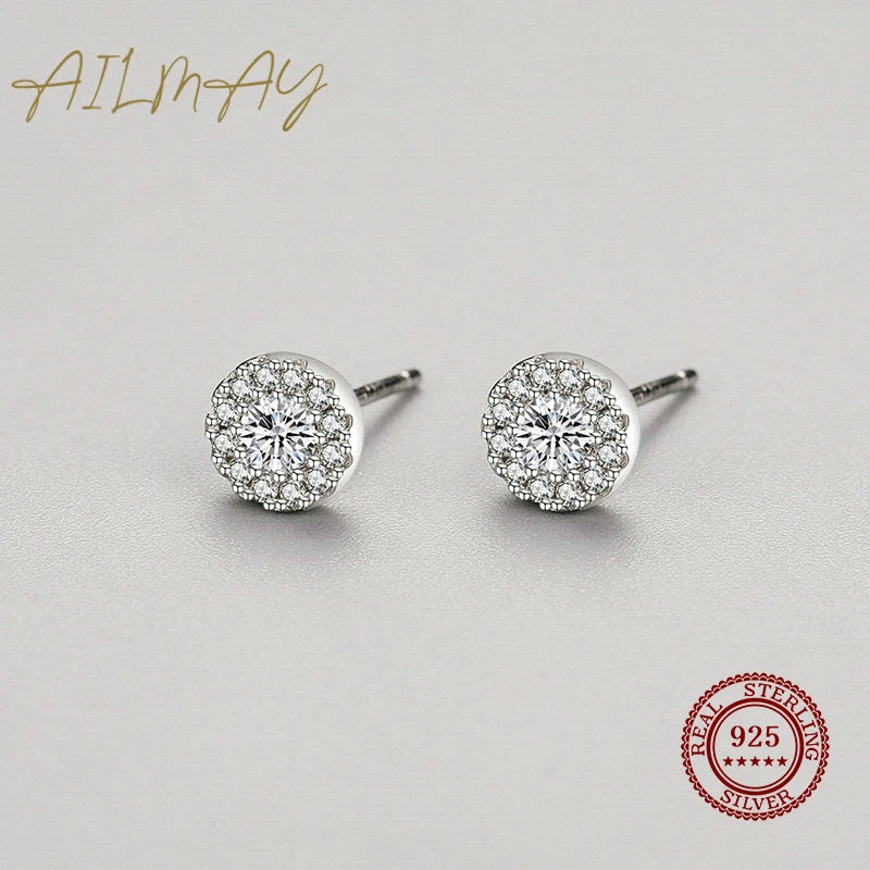 Ailmay Genuine 925 Sterling Silver Sun Flower Dazzling Cubic Zirconia Earrings For Women Classic Wedding Statement Jewelry