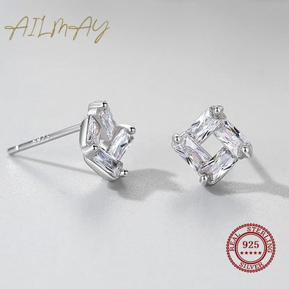 Ailmay 925 Sterling Silver Square Transparent Trapezoidal Ripple Earrings Clear Zircon For Women Girls Party Accessories Jewelry