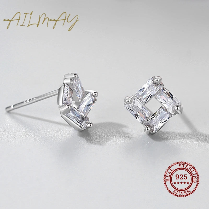 Ailmay 925 Sterling Silver Square Transparent Trapezoidal Ripple Earrings Clear Zircon For Women Girls Party Accessories Jewelry