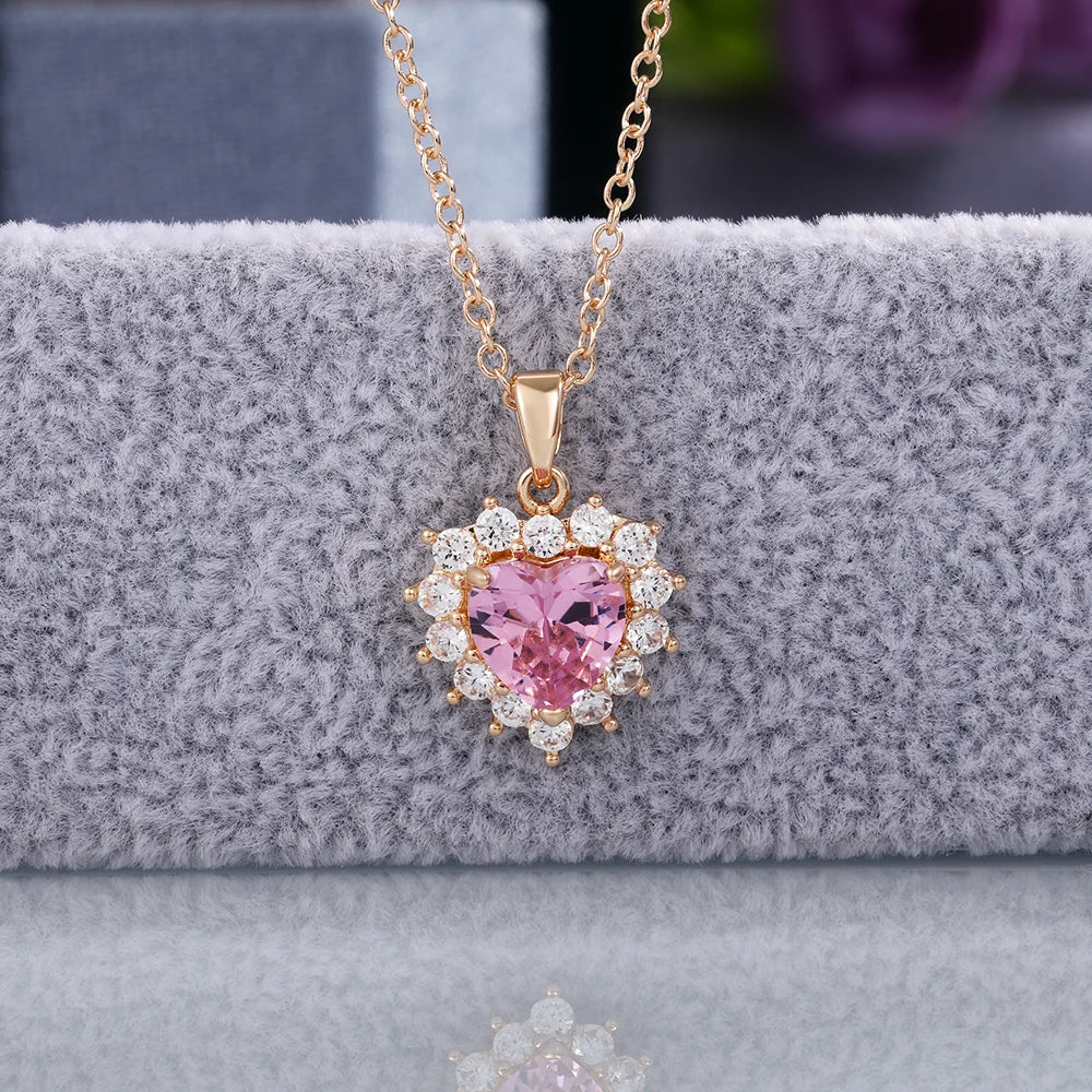 Huitan Gorgeous Pink Color Heart Pendant Necklace Women Engagement Wedding Bridal Necklaces Brilliant CZ Girls Statement Jewelry