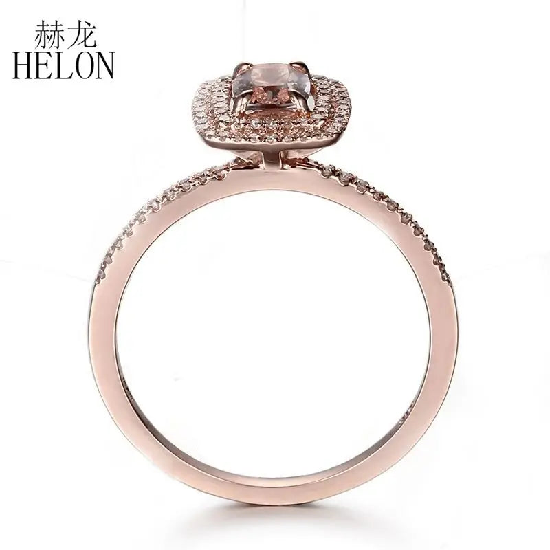 HELON Solid 10K Rose Gold Flawless Cushion 0.7ct Natural Morganite Halo Diamond Engagement Wedding Ring Women Fine Jewelry Ring