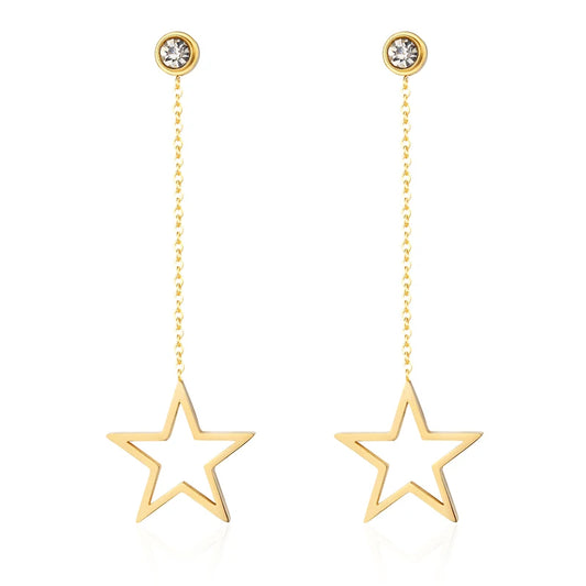 New Arrival Fashion Jewelry Zircon Hangs Five Pointed Star Woman Drop Earrings Stainless Steel Gold Color Earrings Wholesale