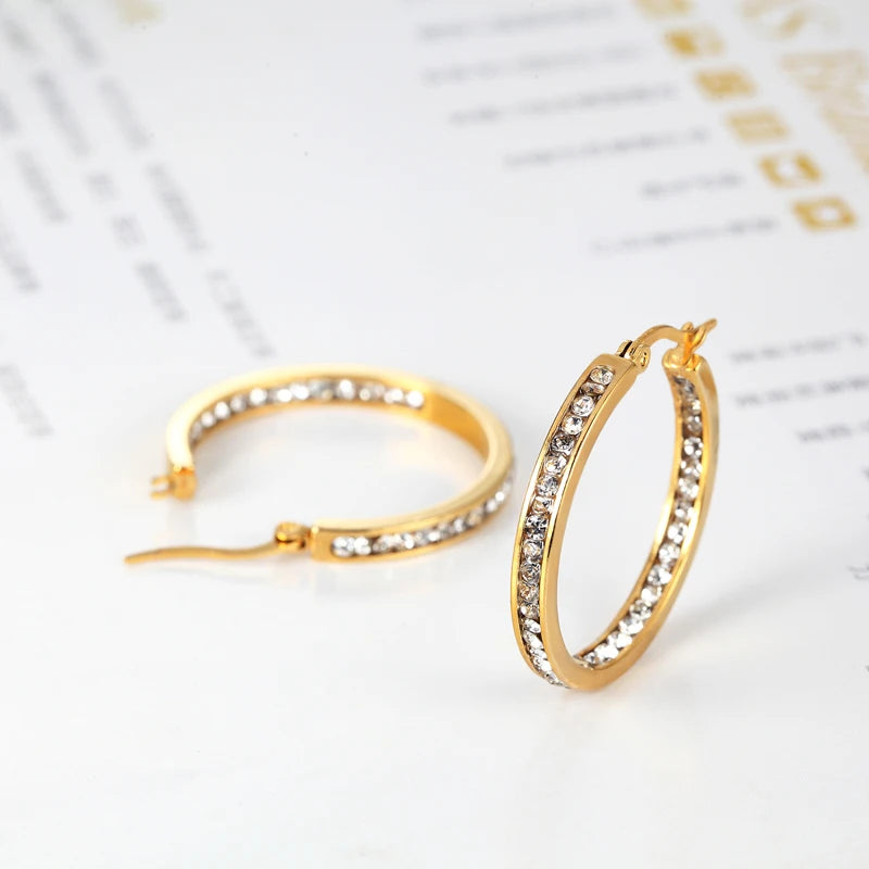 Hot Sale Inlay Zircon Half A Circle Hoop Earrings For Women Titanium Steel Gold Color Woman Crystal Earrings Jewelry Gift