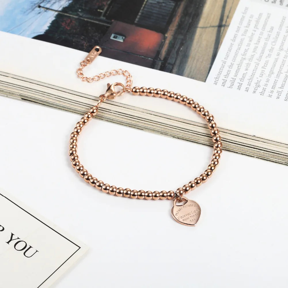 New Fashion Women Party Jewelry Lover Heart Pendant Rose Gold Color Stainless Steel Bracelet Bead Chain Woman Bracelets Bangles