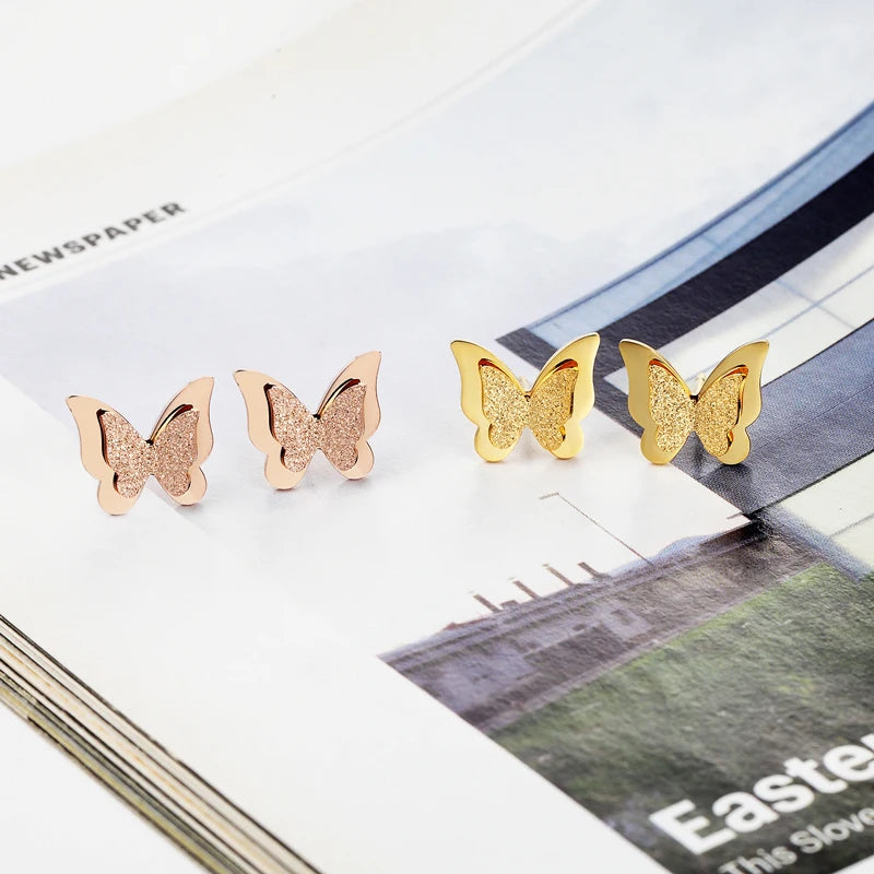 Classic Brand Jewelry A Pair Frosted Butterfly Stud Earrings Gold Color Stainless Steel Earrings for Women Best Jewelry Gift