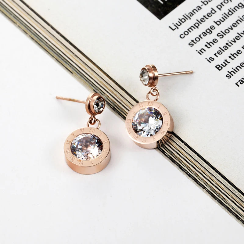 Fashion Brand Jewelry Top Quality Cute Zircon Drop Earrings Titanium Steel Roman Numerals Earrings For Women Best Valentine Gift