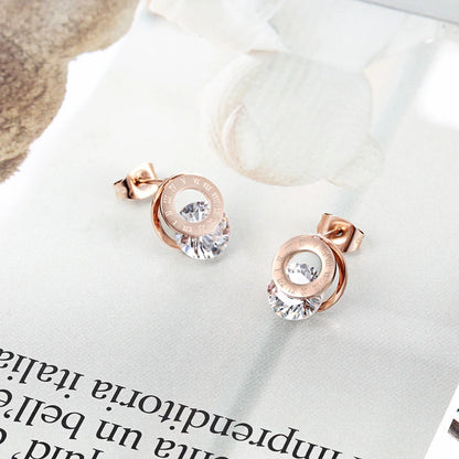 New Arrival Roman Numerals Round Clip Sparkling Crystal Woman Stud Earrings Stainless Steel Jewelry for Women Gift Wholesale