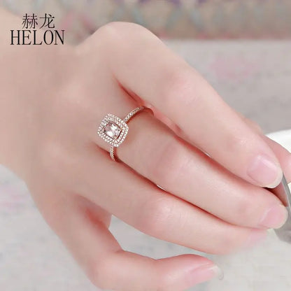 HELON Solid 10K Rose Gold Flawless Cushion 0.7ct Natural Morganite Halo Diamond Engagement Wedding Ring Women Fine Jewelry Ring