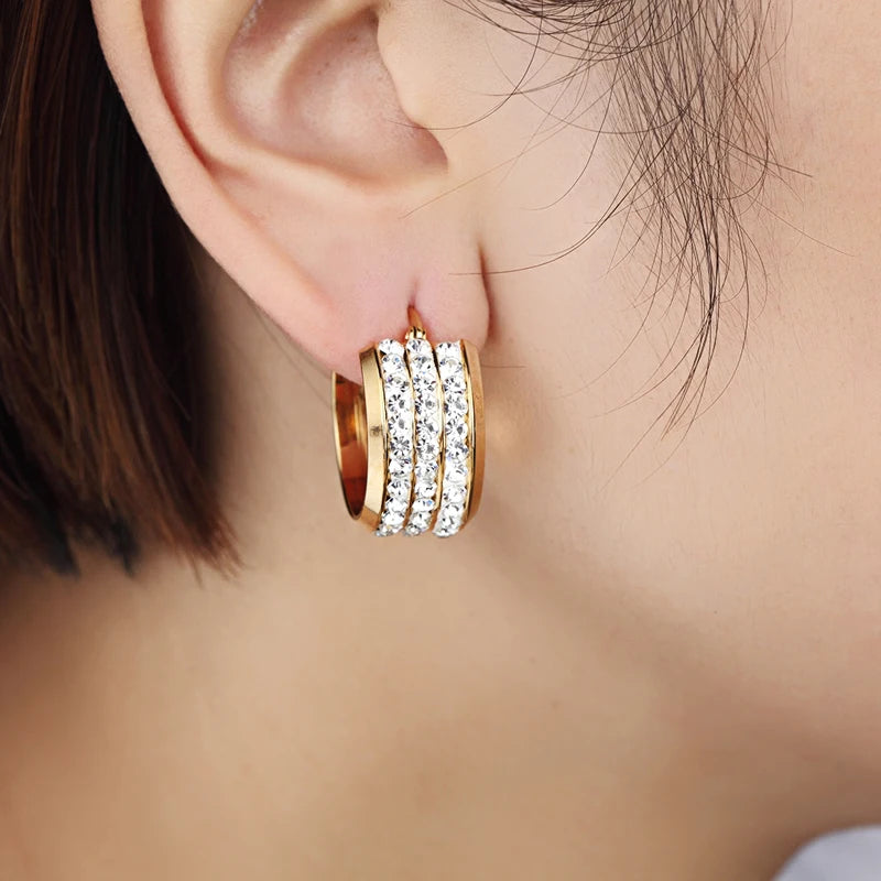 New Selling 3 Rows Crystal Hoop Earrings For Women Stainless Steel Beautiful Gold And Silver Color Earrings Jewelry Wholesale