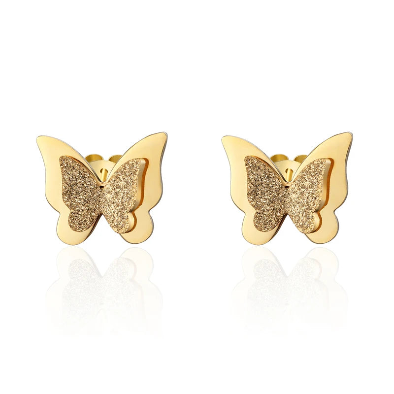 Classic Brand Jewelry A Pair Frosted Butterfly Stud Earrings Gold Color Stainless Steel Earrings for Women Best Jewelry Gift