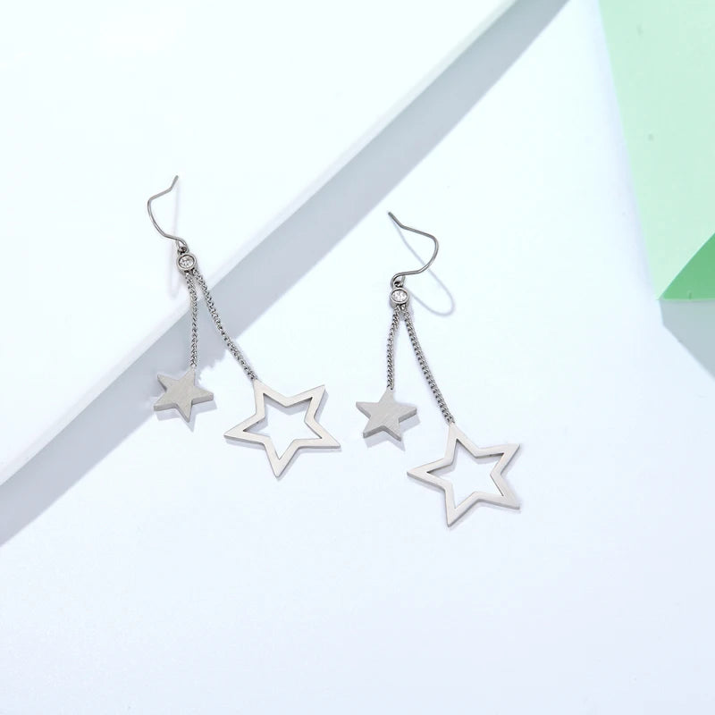 Fine Jewelry Hook Style Zircon And Two Stars Woman Drop Earring Lovely Fashion Long Earring Girl Stainless Steel Golden Earring