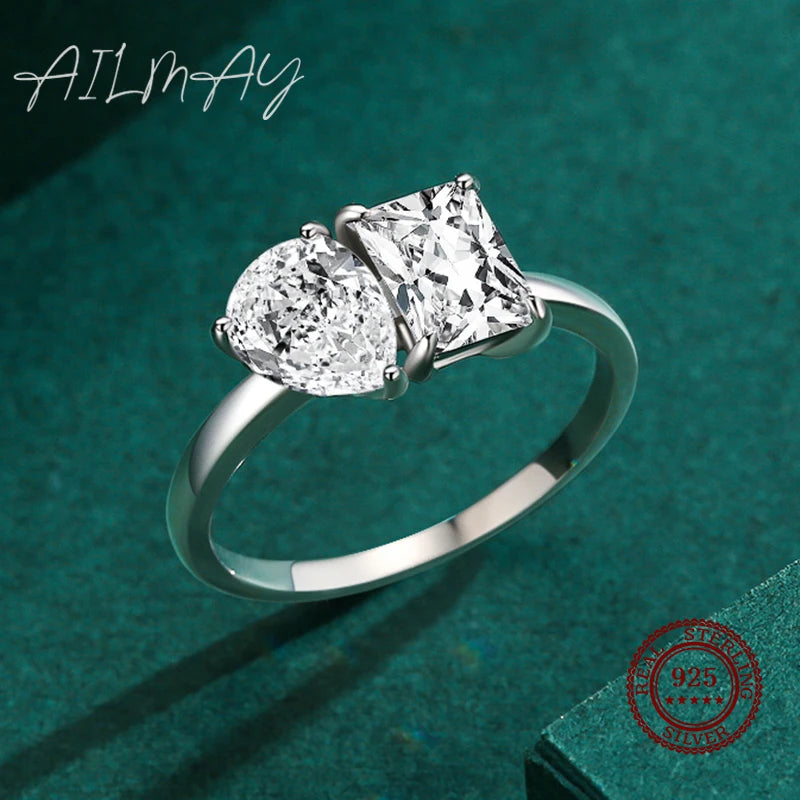 Ailmay Genuine 925 Sterling Silver Fashionc Dazzling CZ Square And Drop Shape Rings For Women Luxury Wedding Accessories Jewelry