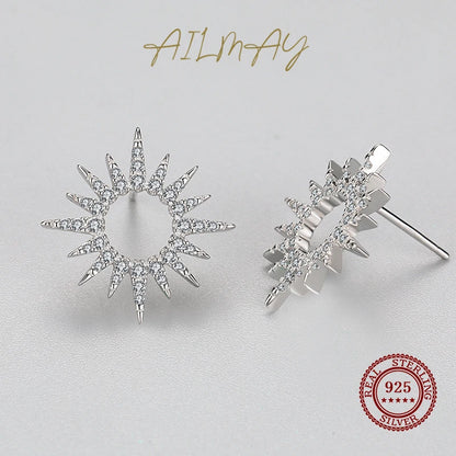 Ailmay 925 Sterling Silver Fashion Sun Flower Shape Sparkling Cubic CZ Stud Earrings For Women Fine Wedding Statement Jewelry