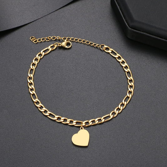 Stainless Steel Heart Anklets Fashion Cuban Chain Accessory Summer Beach Anklet For Women Foot Jewelry Gold Color Feet Gifts