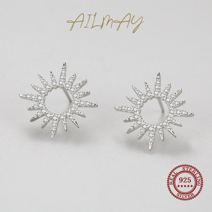 Ailmay 925 Sterling Silver Fashion Sun Flower Shape Sparkling Cubic CZ Stud Earrings For Women Fine Wedding Statement Jewelry