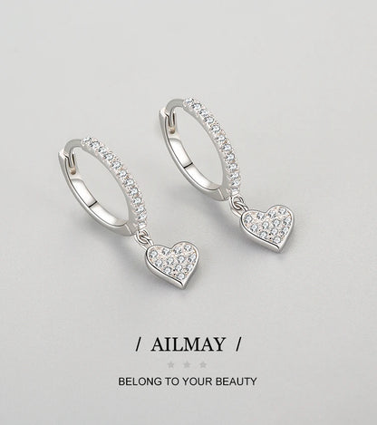 Ailmay 2021 New Arrival 925 Sterling Silver Heart Drop Earrings with Charm for Women Wedding Engagement Statement Luxury Jewelry