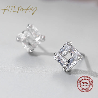 Ailmay 925 Sterling Silver Square Transparent Trapezoidal Ripple Earrings Clear Zircon For Women Girls Party Accessories Jewelry