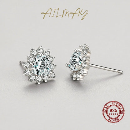 Ailmay Romantic Heart Clear Zircon Earrings Real 925 Sterling Silver For Women Classic Luxury Wedding Accessories Jewelry GIFT