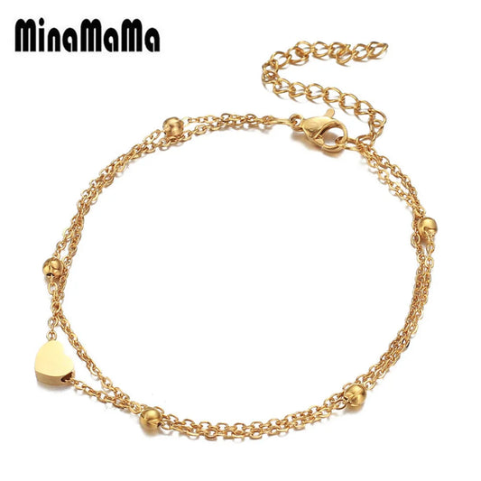 Stainless Steel Thin Beads Foot Chain Heart Anklet For Women Double Layer Anklet Sandals Bohemian Beach foot Jewelry