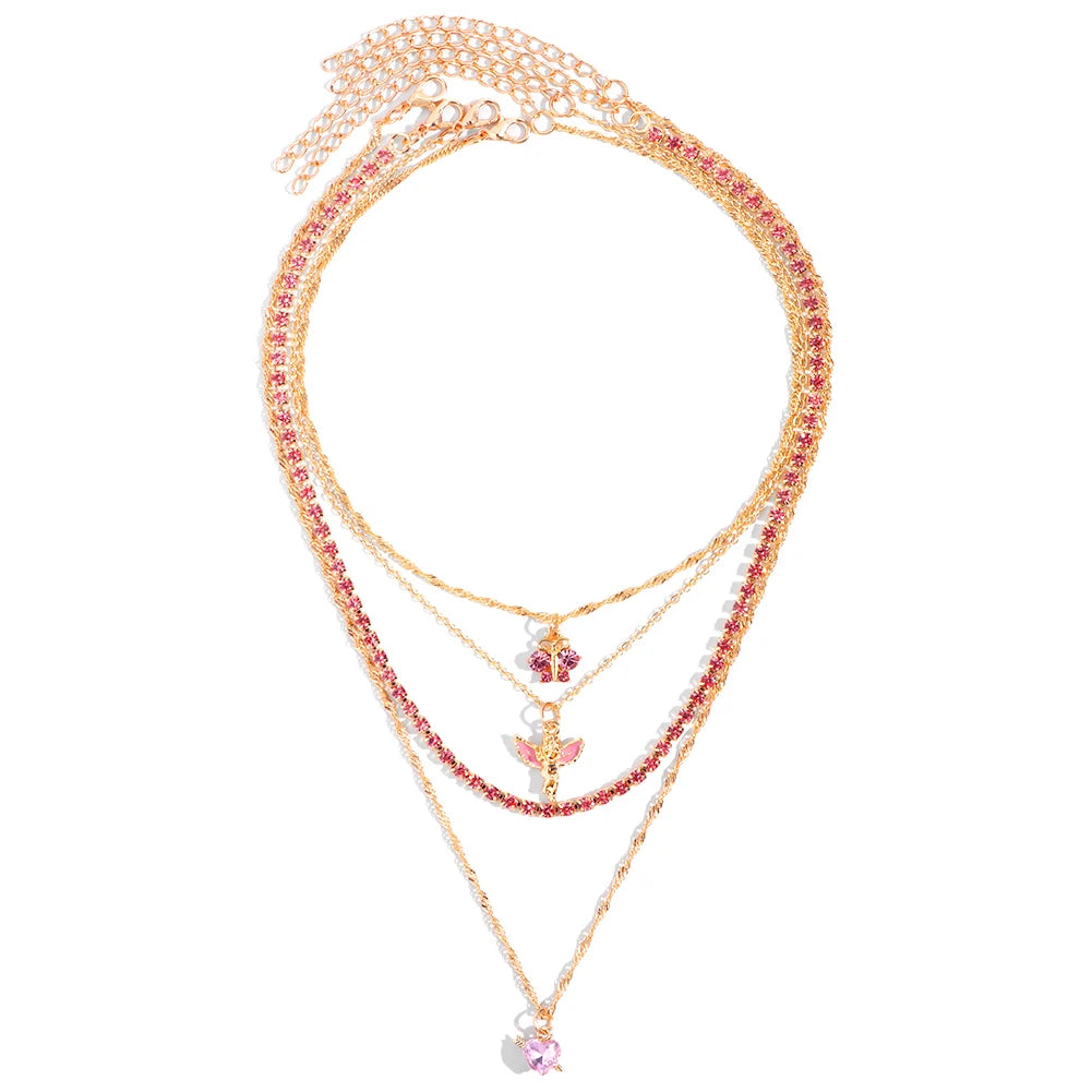 Flatfoosie New Multi-layer Pink Heart Crystal Pendant Necklace For Women Boho Butterfly Rhinestone Tennis Chain Necklace Jewelry