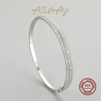 Ailmay Genuine 925 Sterling Silver Classic  Luxury Round Clear CZ Bracelets For Women Classic Luxury Wedding Accessories Jewelry