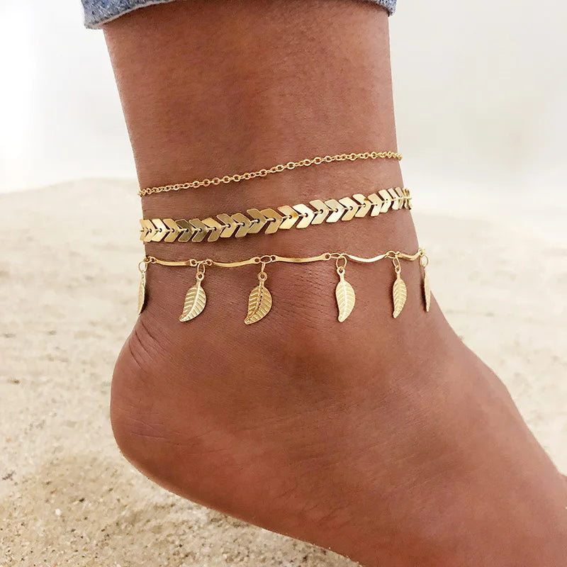 Stainless Steel Chain Anklet  for Women Girls Multi-layer Beach Ankle Bracelet Foot Link Chains Adjsutable