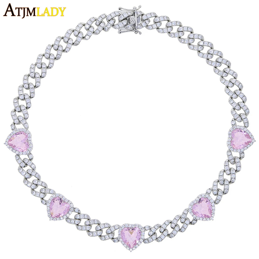 Iced Out Bling Cubic Zirconia 11mm Miami Cuban Link Chain Hearts Necklace Pink Heart CZ Charm Choker Jewelry Hiphop For Women