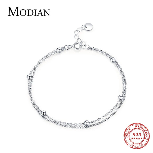 Modian Silver Double Layer Beads Link Chain 100% 925 Sterling Silver Trendy Simple Female Bracelet For Women Wedding Jewelry