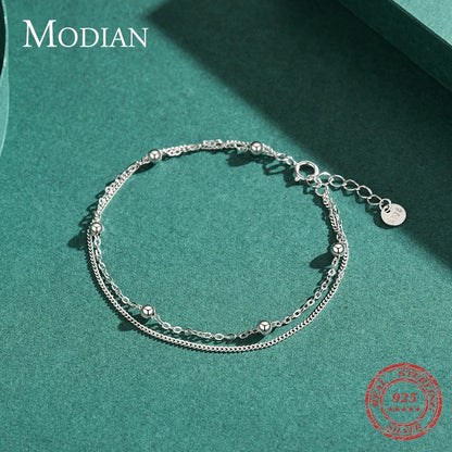 Modian Silver Double Layer Beads Link Chain 100% 925 Sterling Silver Trendy Simple Female Bracelet For Women Wedding Jewelry