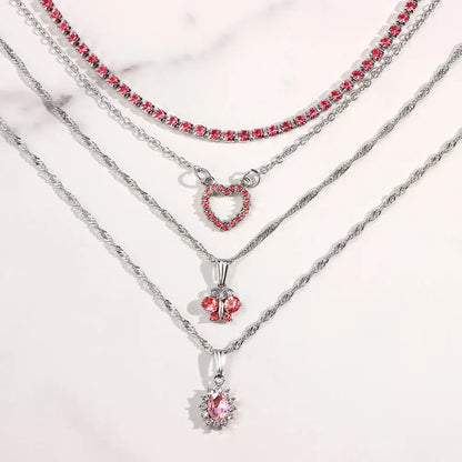 Flatfoosie New Multi-layer Pink Heart Crystal Pendant Necklace For Women Boho Butterfly Rhinestone Tennis Chain Necklace Jewelry