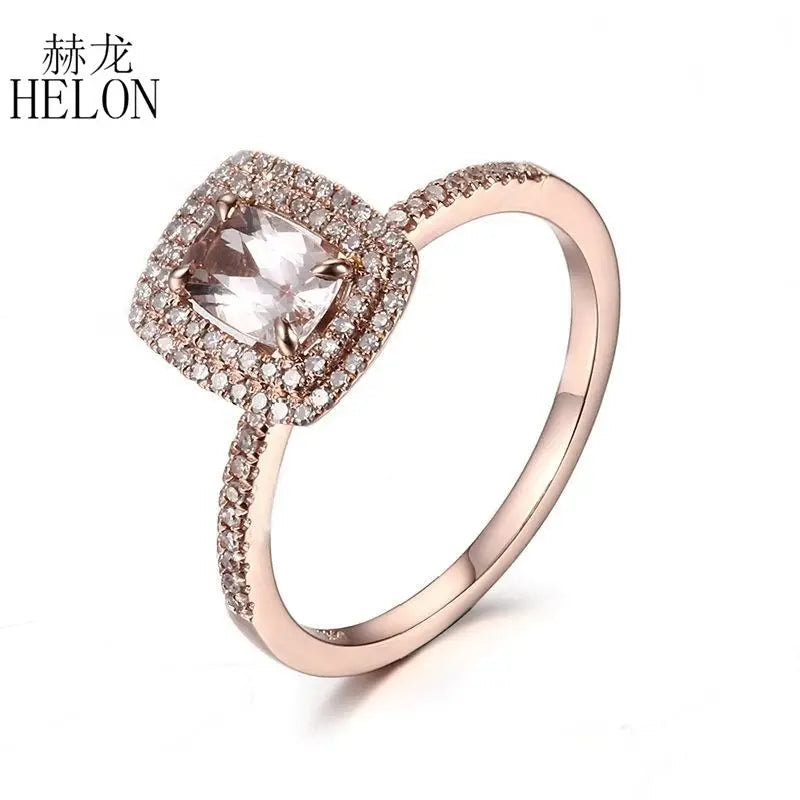 HELON Solid 10K Rose Gold Flawless Cushion 0.7ct Natural Morganite Halo Diamond Engagement Wedding Ring Women Fine Jewelry Ring