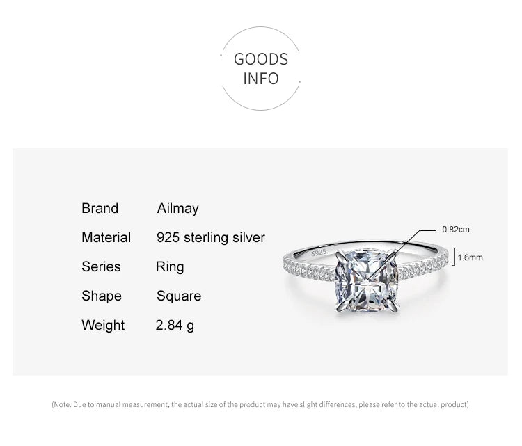 Ailmay Luxury Princess Square Dazzling 5A Zirconi Four Claw Rings For Women Classic Romantic 925 Sterling Silver Fashion Jewelry