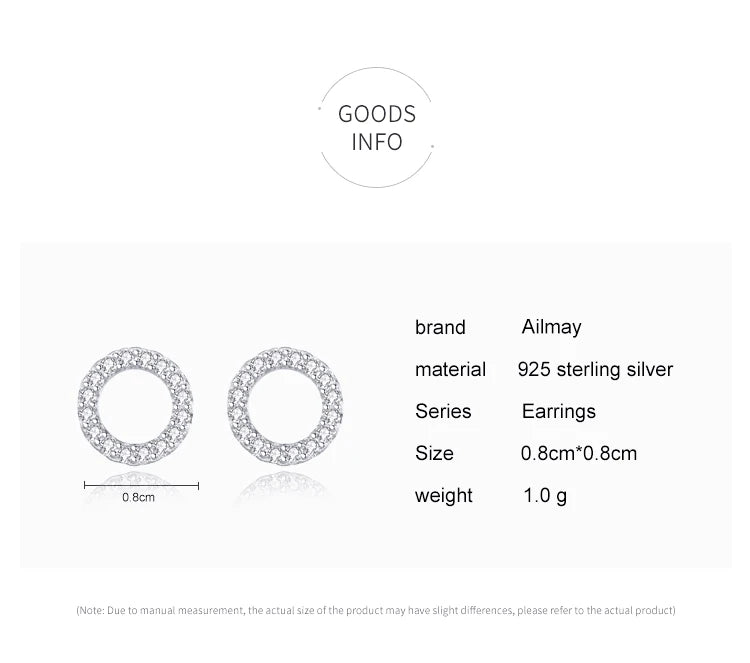 Ailmay Simple Fashionc 925 Sterling Silver Round Circle Clear Zircon Stud Earrings for Women Sterling Silver Jewelry Gift