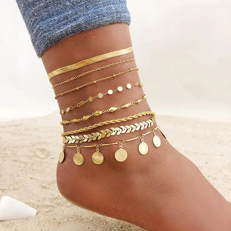 Stainless Steel Chain Anklet  for Women Girls Multi-layer Beach Ankle Bracelet Foot Link Chains Adjsutable