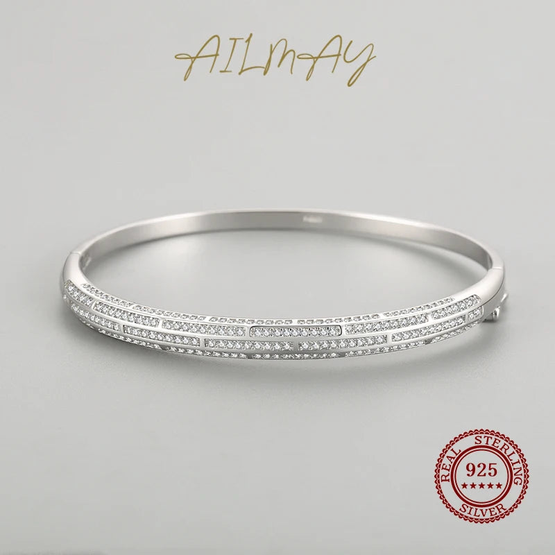 Ailmay Genuine 925 Sterling Silver Classic  Luxury Round Clear CZ Bracelets For Women Classic Luxury Wedding Accessories Jewelry