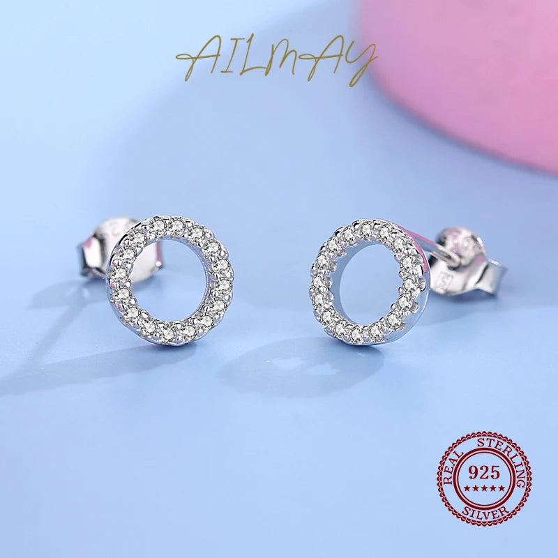 Ailmay Simple Fashionc 925 Sterling Silver Round Circle Clear Zircon Stud Earrings for Women Sterling Silver Jewelry Gift