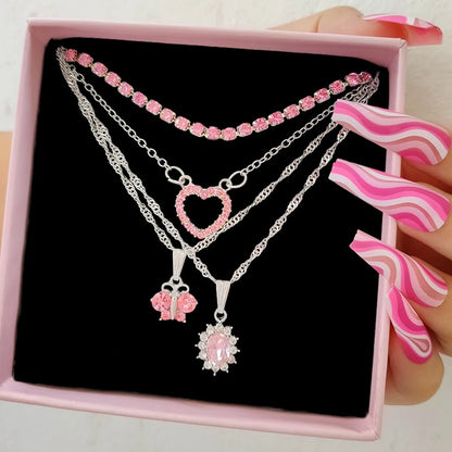 Flatfoosie New Multi-layer Pink Heart Crystal Pendant Necklace For Women Boho Butterfly Rhinestone Tennis Chain Necklace Jewelry