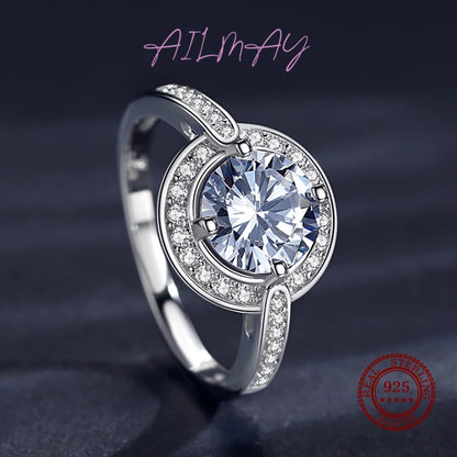 Ailmay 10 Hearts Arrows Zircon Rings Round Luxury Classic Style Solid 925 Sterling Silver For Women Classic Wedding Jewelry