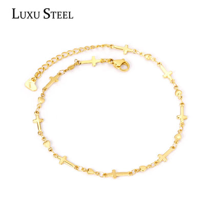 LUXUSTEEL Religion Cross Accessories Anklets For Women Gold Color Fashion Classic Stainless Steel Anklets Bracelets Party Daily