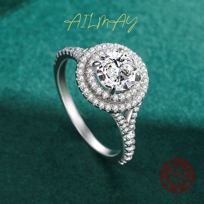 Ailmay Fashion Luxury 925 Sterling Silver Sparkling 5A Zirconia Round Rings For Women Charm Classic Wedding Statement Jewelry