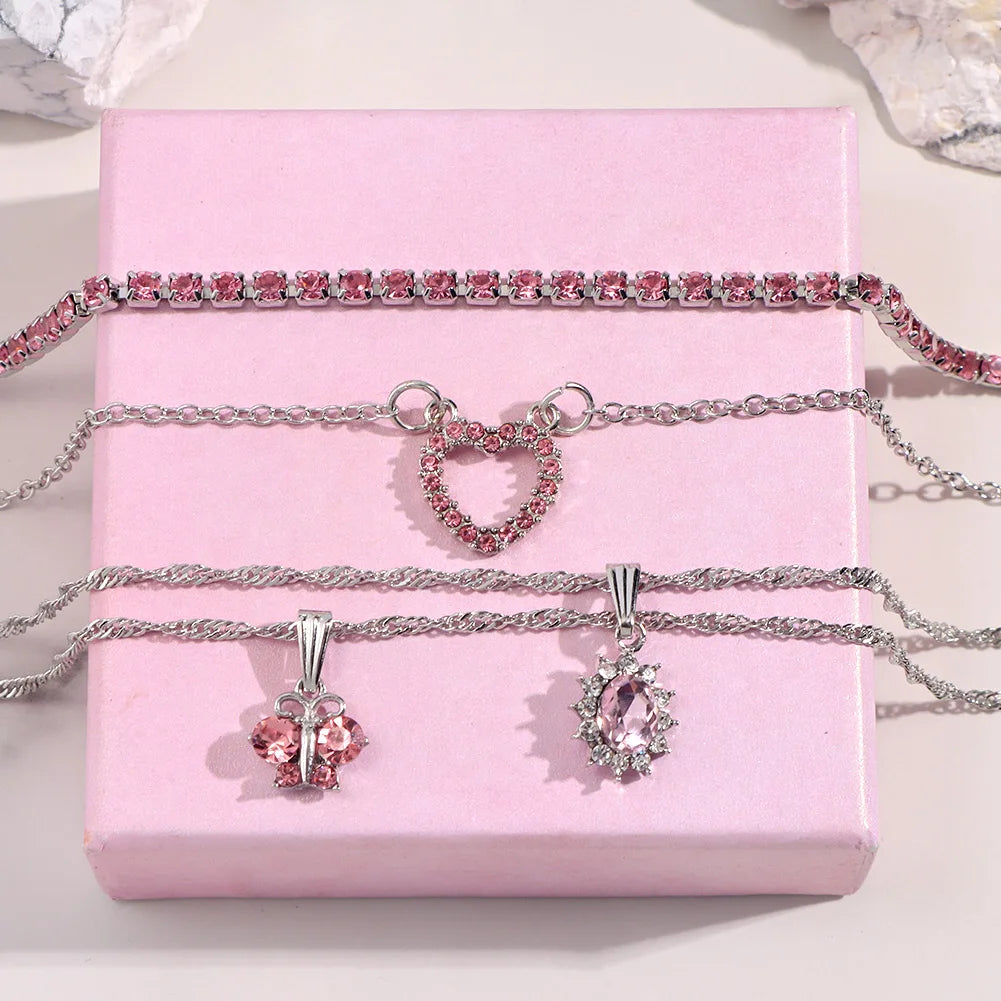 Flatfoosie New Multi-layer Pink Heart Crystal Pendant Necklace For Women Boho Butterfly Rhinestone Tennis Chain Necklace Jewelry