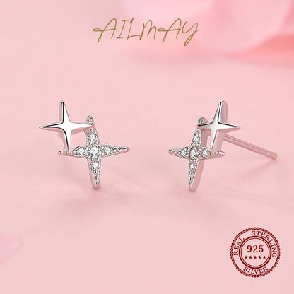 Ailmay Fashion 925 Sterling Silver Charm Sparkling Zircon Little Star  Earrings For Women Girls Party Accessories Jewelry